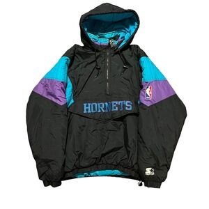 Vintage 90s Starter‎ NBA Charlotte Hornets Pullover Jacket Black 1/2 Zip XL